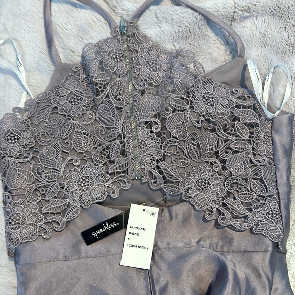 Speechless Juniors Mauve Lavender Silver Crochet Lace Back Satin Gown Dress 11 - Picture 5 of 9
